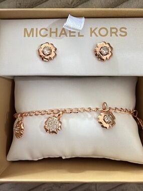 Michael Kors Rose Gold Flower Charm Bracelet with Matching Stud Earrings